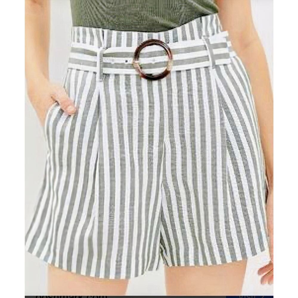LOFT Green & White Striped Linen Blend Belted Shorts Size 4 Linen Blend NWOT